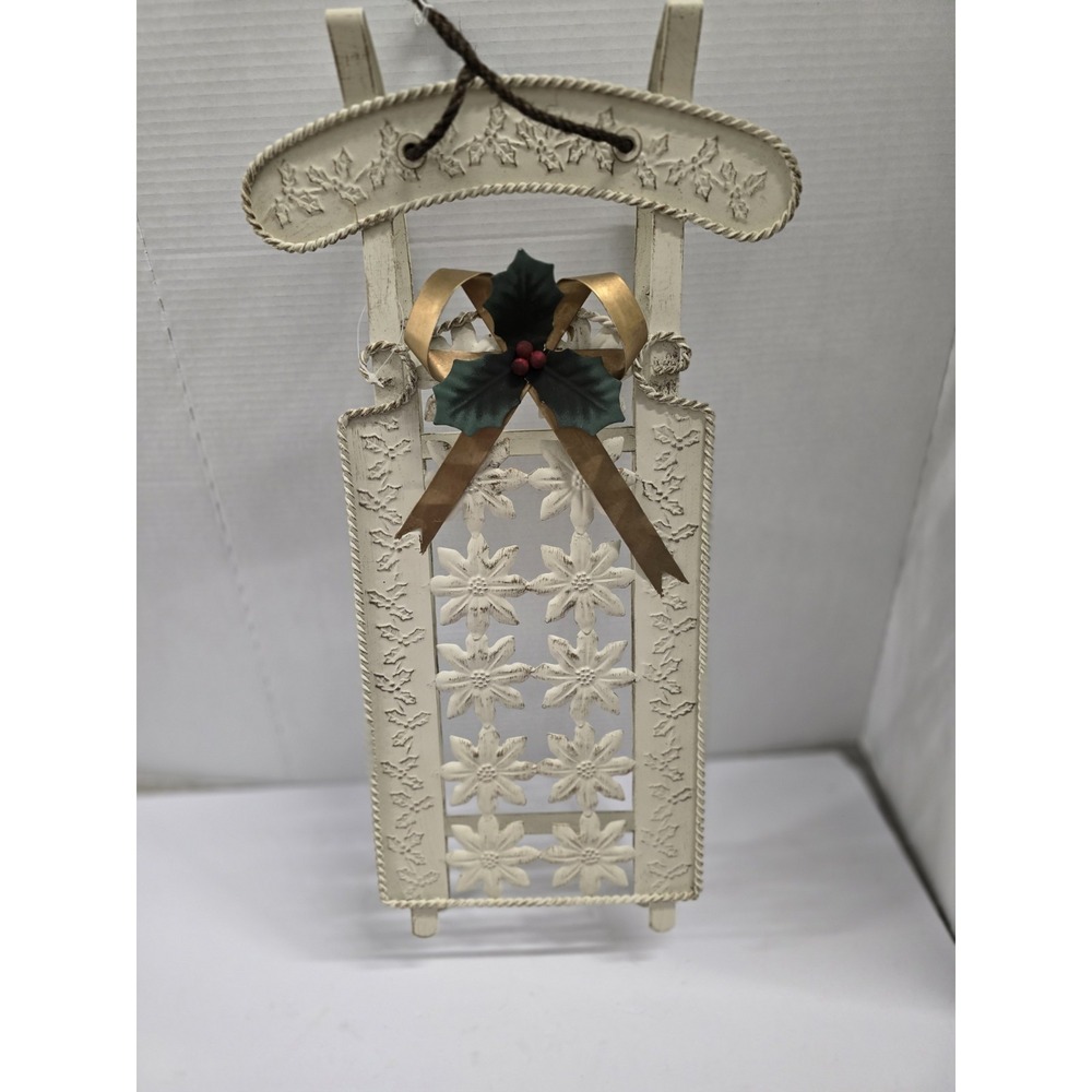 Vintage 24"‎ Decorative Metal Poinsettia Holly & Berries Christmas Sleigh